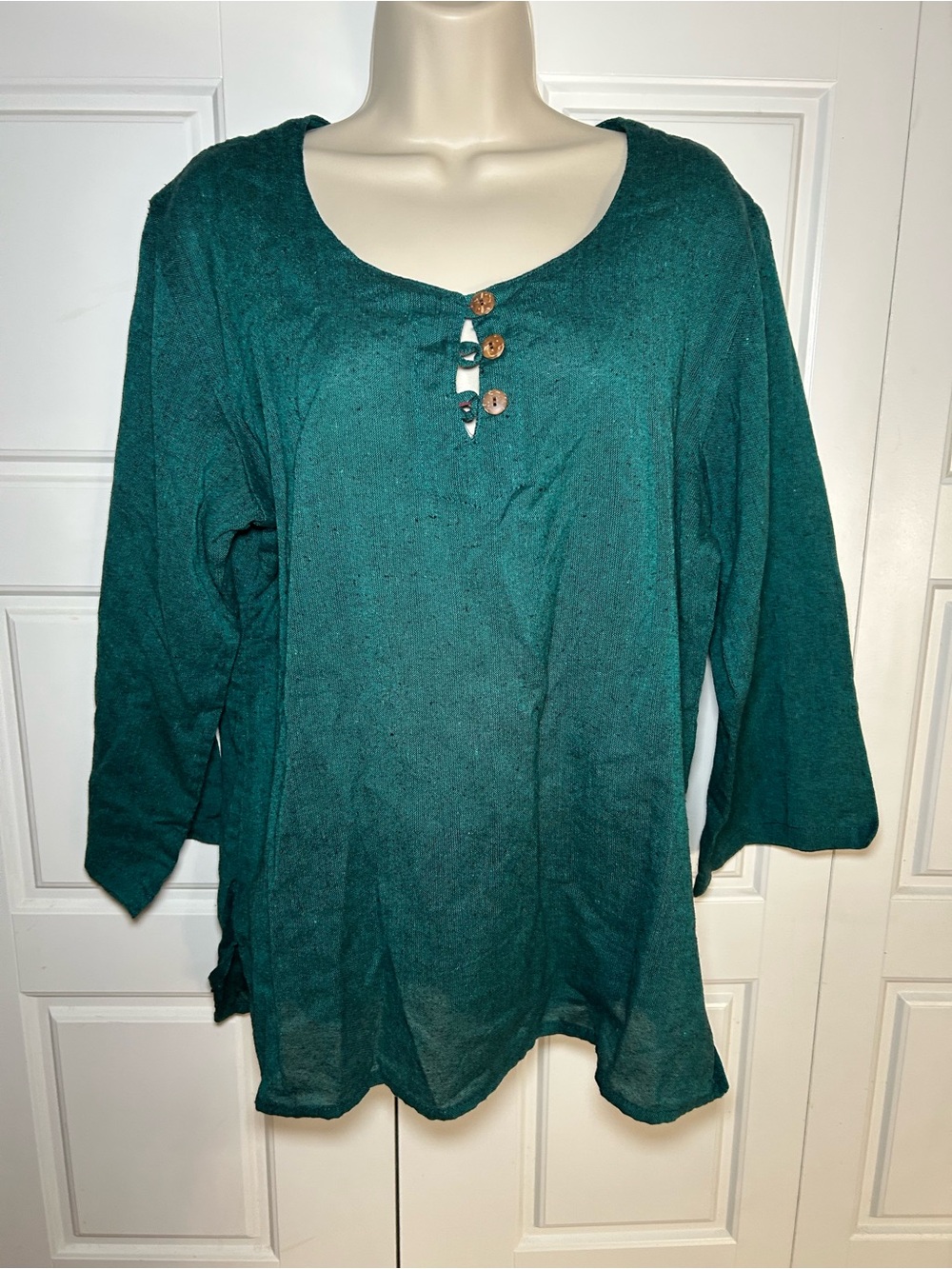 Nepal Cotton Tunic Top XL Teal Boho Hippie Festival Artisan 3/4 Sleeve Woven